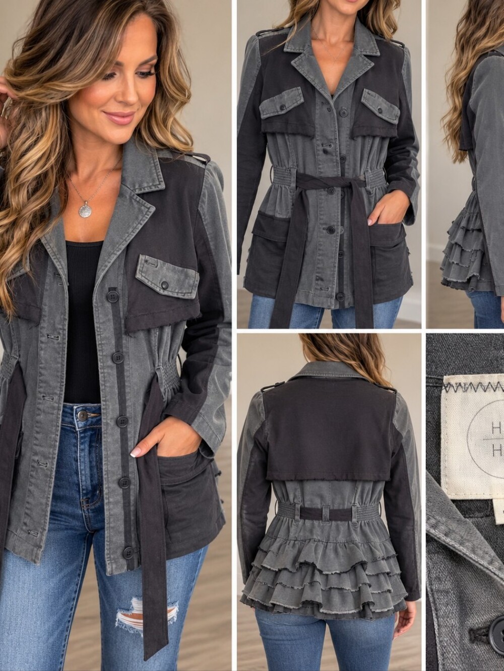 HEI HEI Anthropologie Gray Colorblock Utility Jacket Belted Ruffle Detail